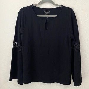 Chico's Blouse Top Size 2 Large Black Embroidered Design